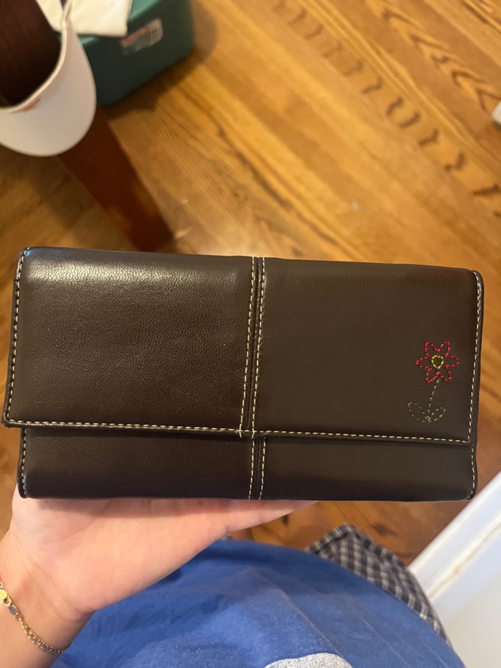 Brown Leather Wallet with Floral Accent